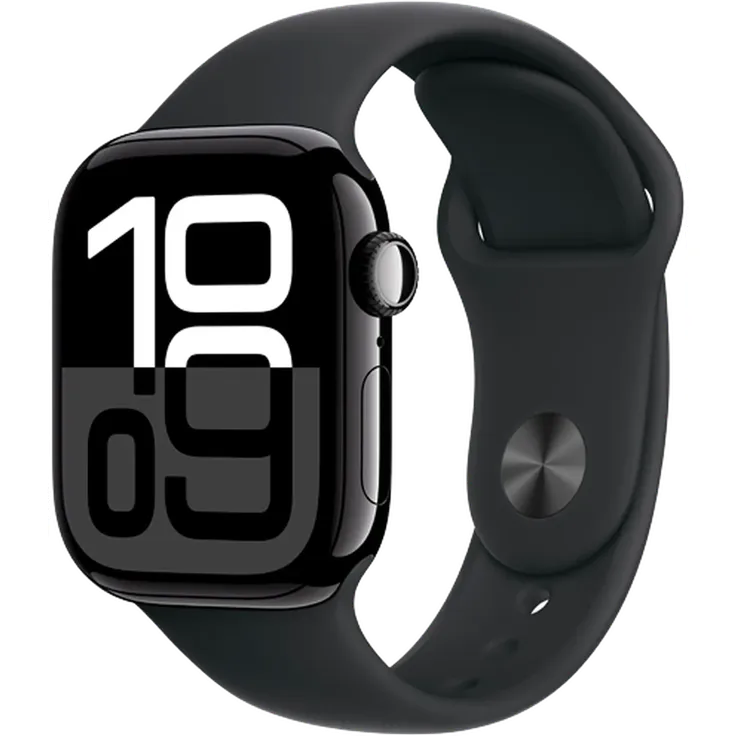 Apple Watch Series 10, 42 mm, GPS,  Aluminiumgehäuse Diamantschwarz, Sportarmband Schwarz, M/L – Bild 1