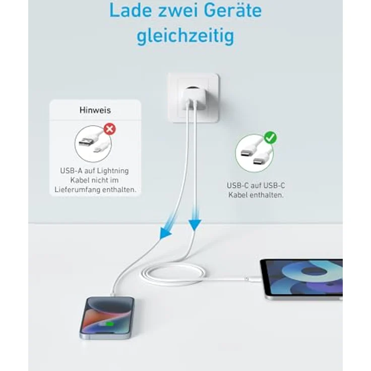 Anker 20W USB C Ladegerät, iPad Netzteil mit 150cm Kabel, USB-Schnellladenetzteil, dual-port, kompatibel mit iPhone 17/16/15 Series – Bild 2