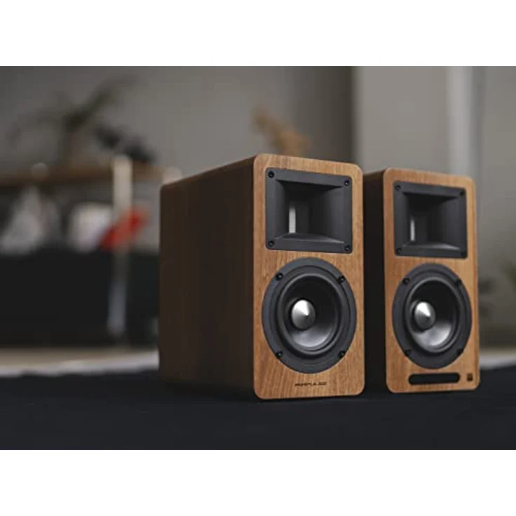 Airpulse EDIFIER AIRPULSE A80 - 2.0 Regallautsprechersystem (100W) mit Bluetooth V5.0 (aptX), Bändchen-Hornhochtöner für präzise und klarste Höhen, vielseitige Anschlussmöglichkeiten, inkl. Fernbedienung, Walnuss-Finish – Bild 2