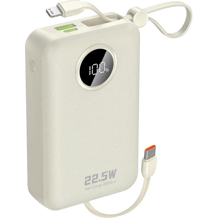 Dudao K14+ Powerbank, 20000mAh mit 22.5W Fast Charging, integrierte Lightning und USB-C Kabel, weiß