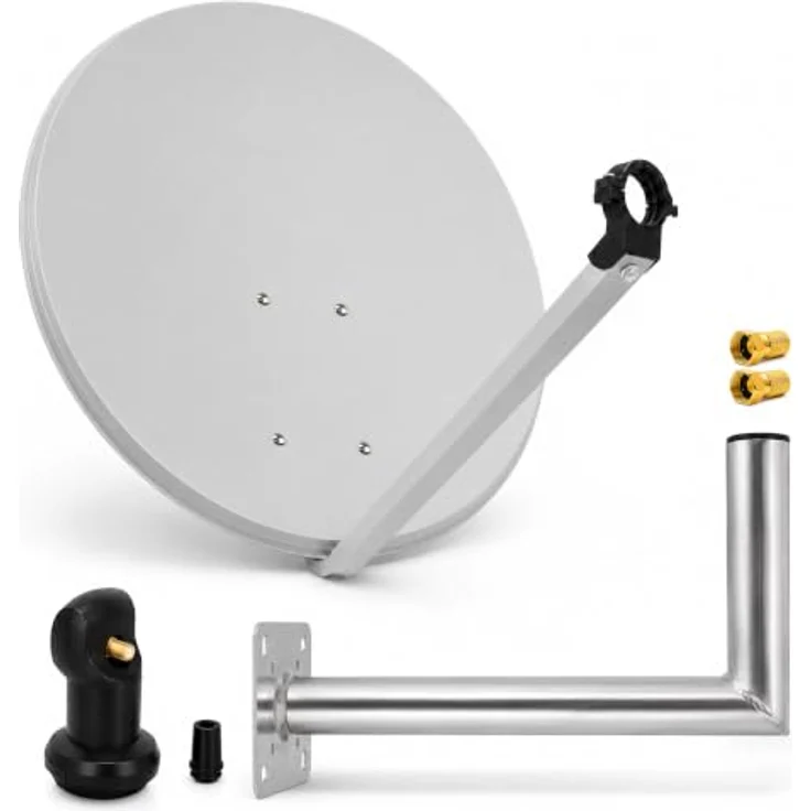 PremiumX PXS80 Satelliten-Komplettanlage 80cm, Hellgrau Stahl, SAT Single LNB, inkl. Wandhalterung 45cm Alu, UV-beständig und wasserdicht – Bild 1