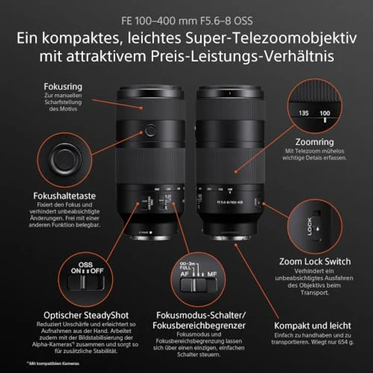 SONY SEL100400B.SYX 100 mm - 400 mm f/5.6-8, Super-Telefoto-Zoomobjektiv für Sony E-Mount, kompakt und leicht, schwarz – Bild 9