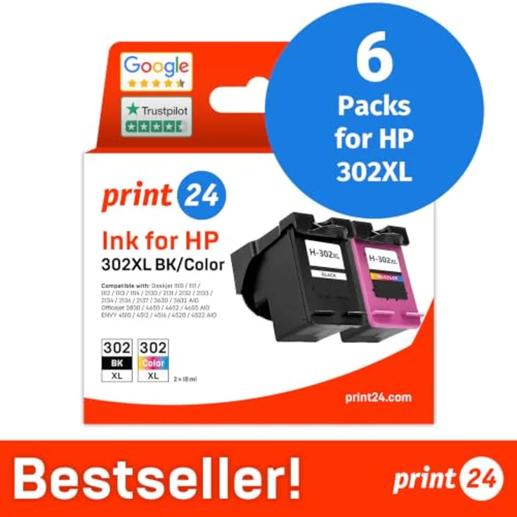 print24 Tintenpatrone 302XL, 6-tlg. Set in Schwarz, Cyan, Magenta und Gelb, kompatibel mit HP Druckern – Bild 2