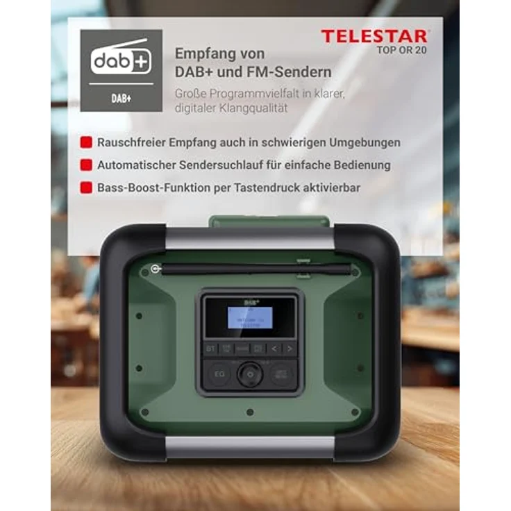 Telestar TELESTAR TOP OR 20 Baustellenradio, DAB+, Bluetooth, 80 W Stereo, Akku-/Netzbetrieb, grün/schwarz – Bild 5