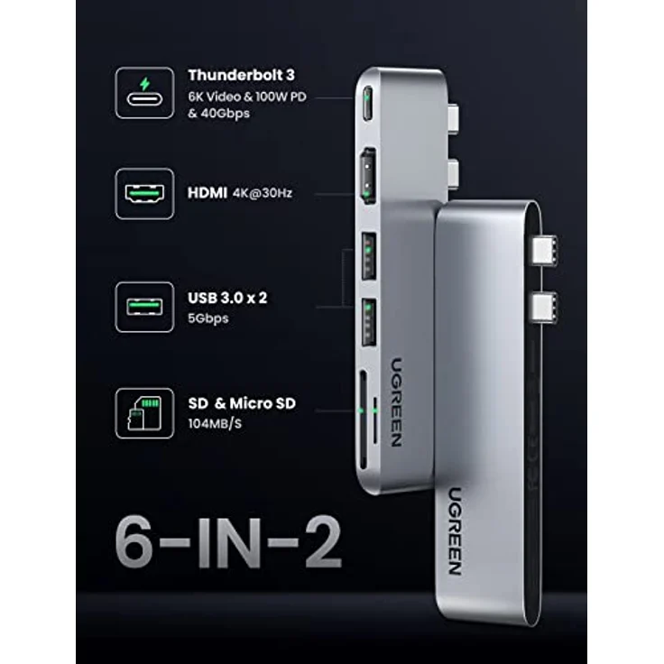 UGREEN 6-in-2-Adapter USB C HDMI 4K kompatibel mit MacBook Pro Air M2 M1 2022 bis 2016, Multiports USB 3.0 5Gbps, Thunderbolt 3 6K Video, 100 W PD, 40 Gbps Übertragung, SD TF Kartenleser – Bild 2