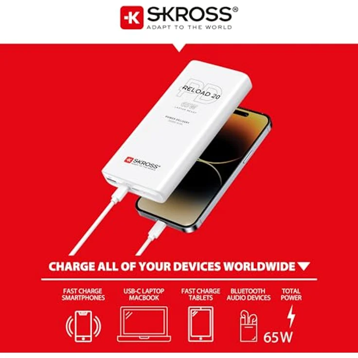 SKROSS Reload 20 65W PD Powerbank - Tragbares Ladegerät mit 3 USB-Schnellladeanschlüssen – Bild 3