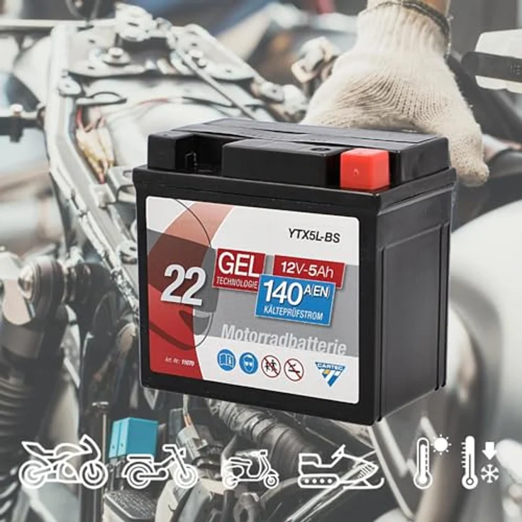 CARTEC YTX5L-BS Motorradbatterie, 5Ah, 140A, Gel-Technologie, wartungsfrei, zyklenfest, schwarz – Bild 7