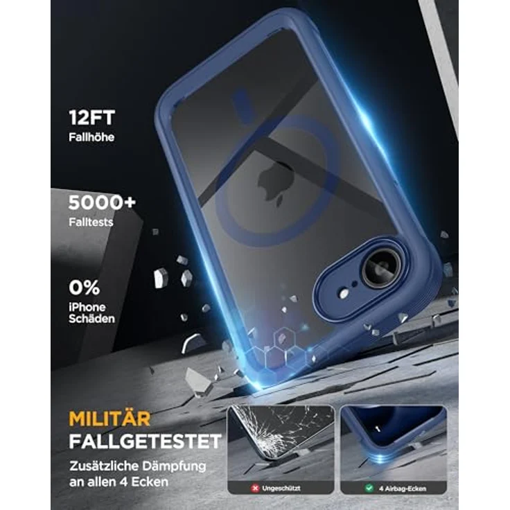 Miracase Hülle für iPhone 17e & 16e, 360° Ganzkörper-Stoßfest mit kratzfestem Panzerglas-Schutz und Voll-Kameraschutz, dunkelblau – Bild 4