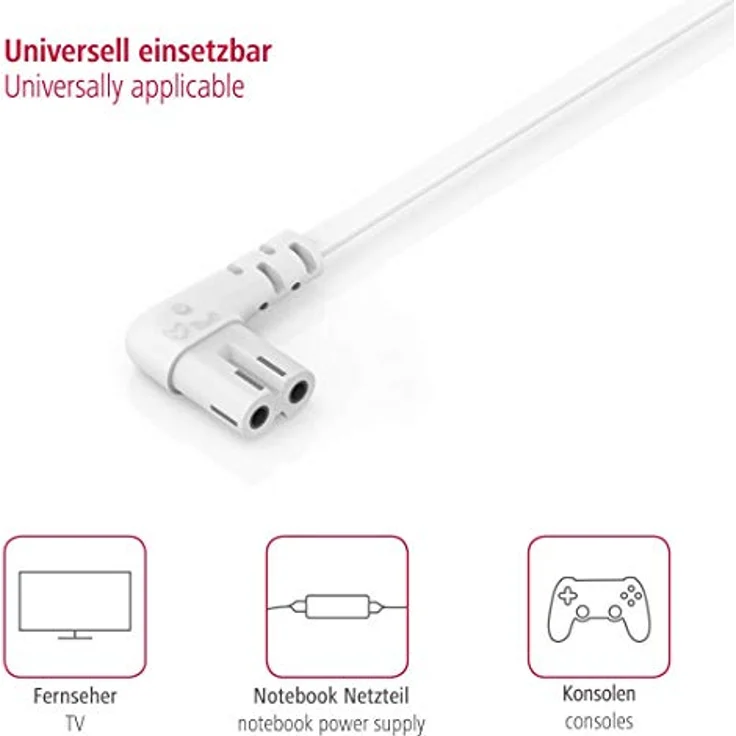 Hama Euro-Netzkabel (2-polig, 5 m, beidseitig 90 Grad gewinkelt, Netzstecker auf Euro 8 Doppelbuchse mit Schutzkontakt, Stromkabel) weiß – Bild 4