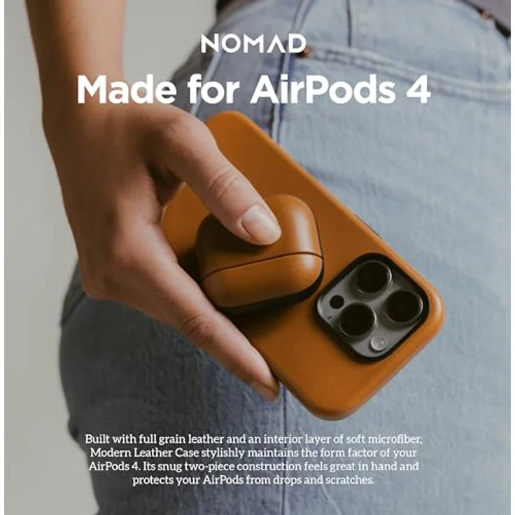 NOMAD Modern Leather Case für Airpods 4 | Robuste Schutzhülle aus Polycarbonat und Echtleder, gummierte TPE-Bumper, kabelloses Laden, English Tan – Bild 7