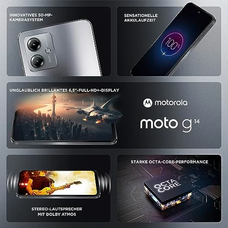 Motorola Moto g14 Smartphone (6,5"-FHD+-Display, 50-MP-Kamera, 4/128 GB, 5000 mAh, Android 13) Steel Grey, inkl. Schutzcover + KFZ-Adapter [Exklusiv bei Amazon] – Bild 3
