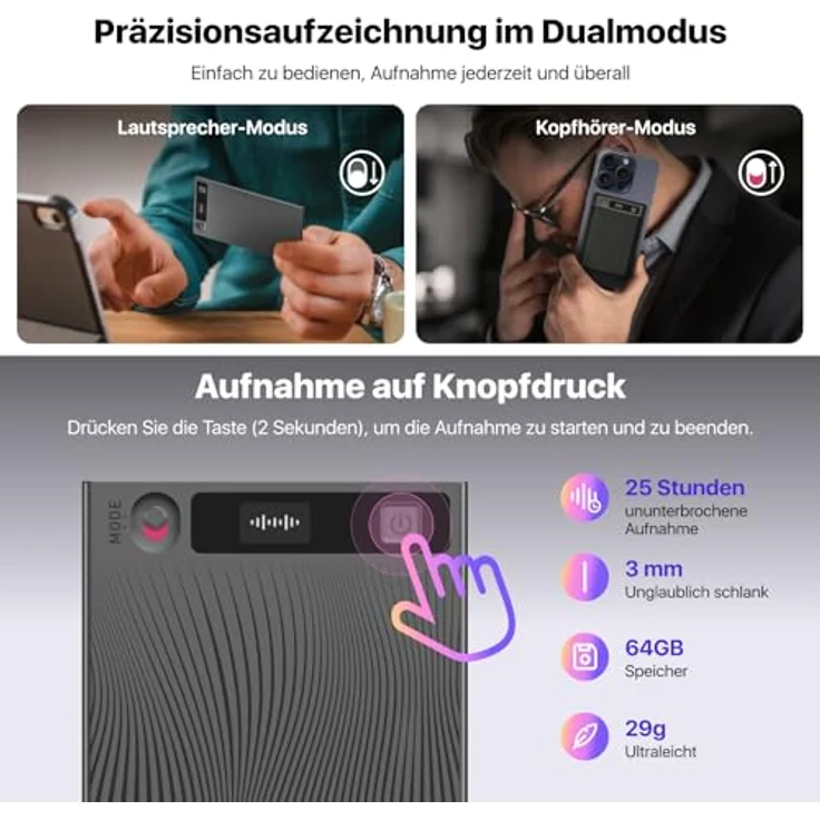 Mobvoi TicNote, Sprachrekorder mit 24 GB, KI-gestützte Transkription, zwei Aufnahmemodi, grau – Bild 8