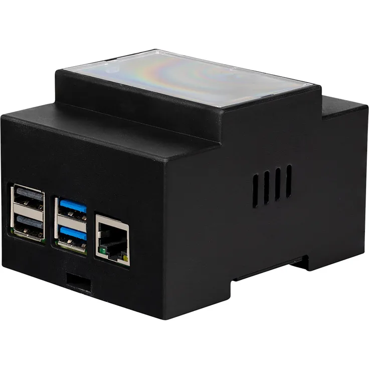 Joy-iT DIN-RAIL Gehäuse für Raspberry Pi 4, schwarz, mit transparentem Panel und präzisen Aussparungen für Anschlüsse