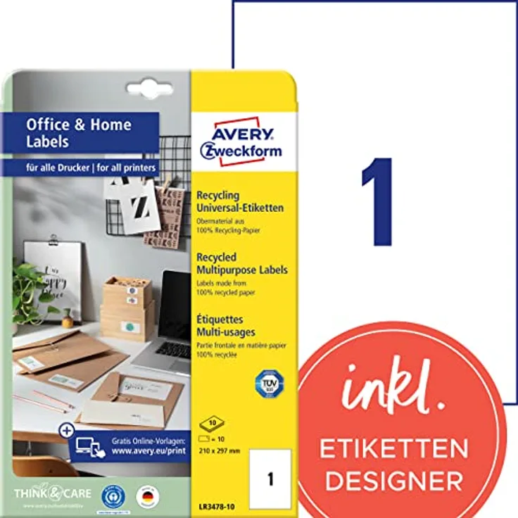 AVERY Zweckform LR3478-10 Recycling Etiketten (10 Adressaufkleber, 210x297mm auf A4, 100% recyceltes Altpapier, bedruckbare Versandetiketten, selbstklebende Klebeetiketten, DHL) 10 Blatt, naturweiß
