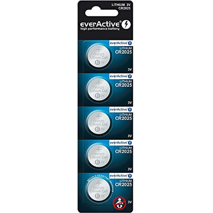 everActive CR2025 3V Lithium Knopfzelle, 165 mAh, 10 Jahre Haltbarkeit, 5 Stück im Blister – Bild 1