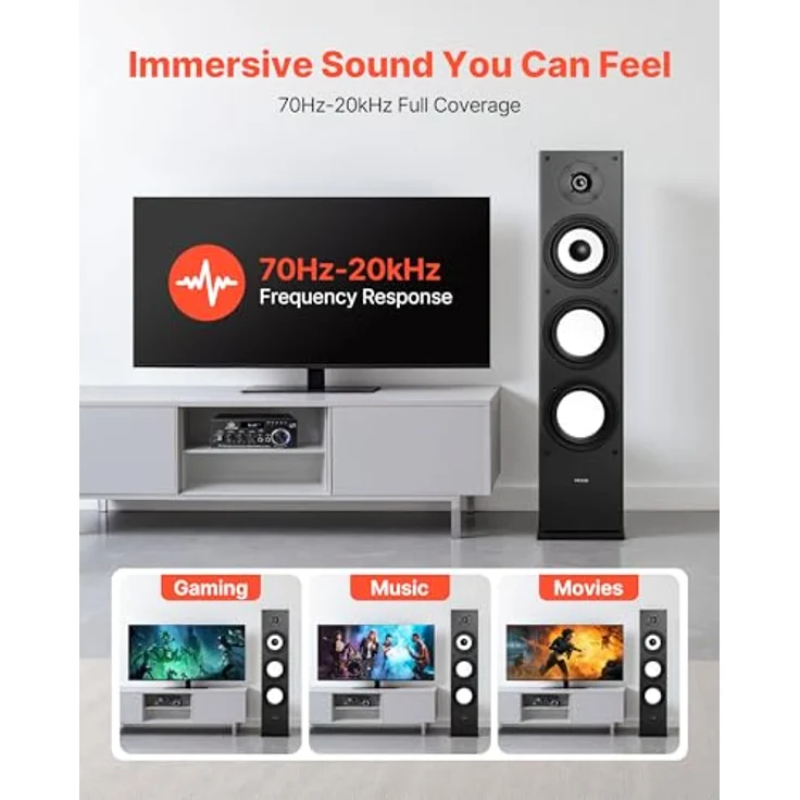VEVOR Standlautsprecher, 2-Wege-System mit 2,54 cm Hochtöner und 16,51 cm Tieftöner, 200 W Spitzenleistung, 70 Hz–20 kHz Frequenzgang, robustes MDF-Gehäuse, für Home-Audio, Einzelgerät – Bild 4