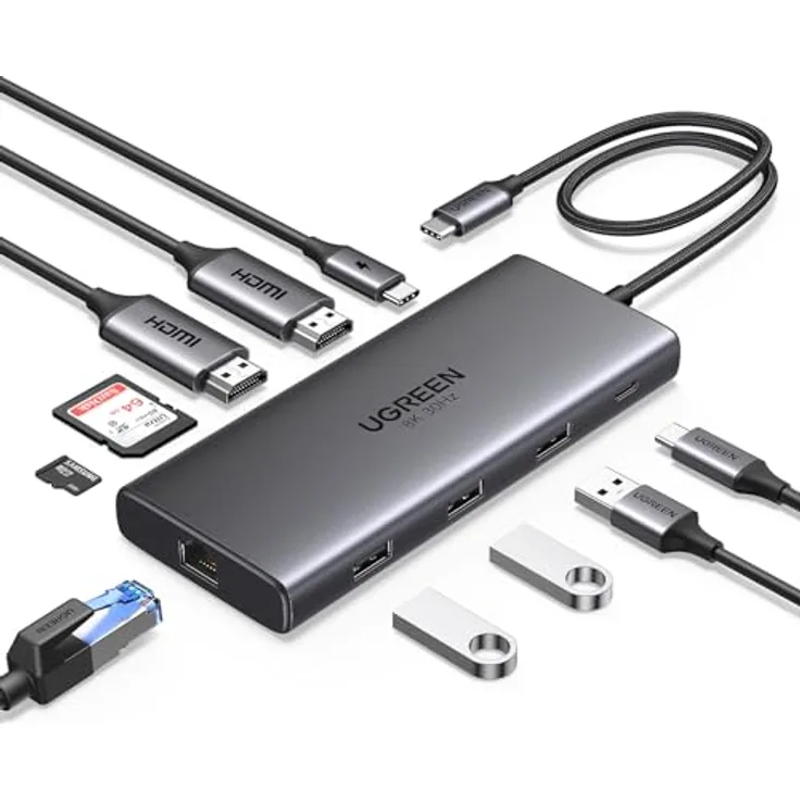 UGREEN Revodok Pro 210 USB C Docking Station Dual HDMI 10 IN 1 USB C Hub 2 HDMI, Gigabit Ethernet, PD 100W Schnellladen, SD/TF Kartenleser, Schwarz