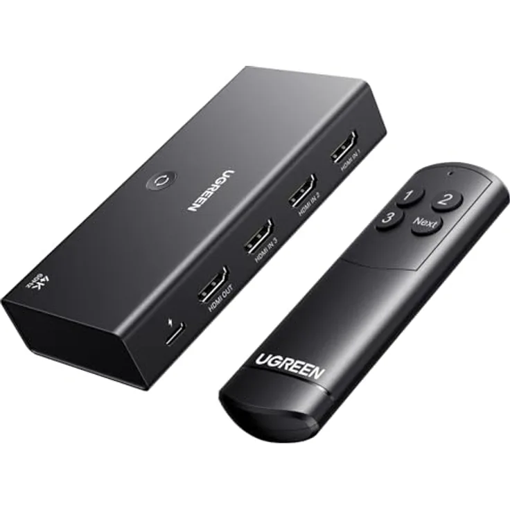 UGREEN HDMI Switch 3 in 1 Out, 4K@60Hz HDMI Splitter mit Fernbedienung, unterstützt HDR10+ und HDCP2.2, kompatibel mit PS5/4/3, Xbox, Blu-ray Player