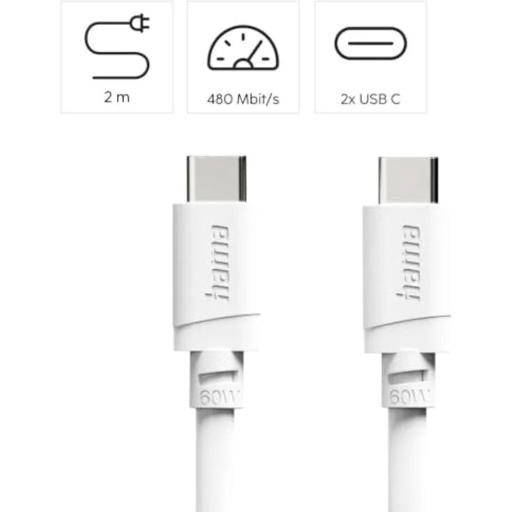 Hama USB-C auf USB-C Ladekabel, 2 m, 60 W, Weiß – Bild 2