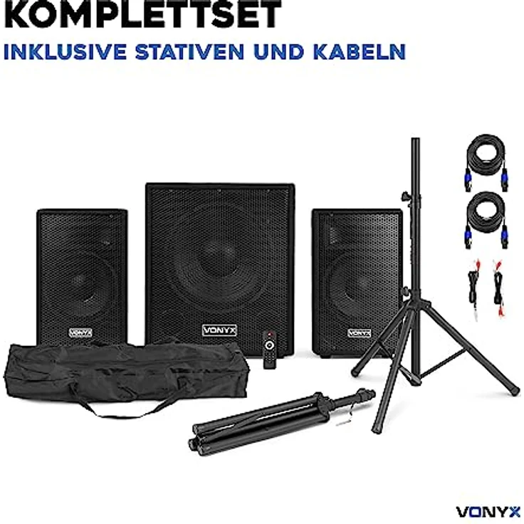 Vonyx VX1015BT Mobile PA Anlage Komplettset, Aktiv – Bluetooth, 1000 Watt, 2x 10'' Topspeaker, 15'' Subwoofer mit Klangreglern, inkl. Kabel, Stativen und Tasche – Bild 5