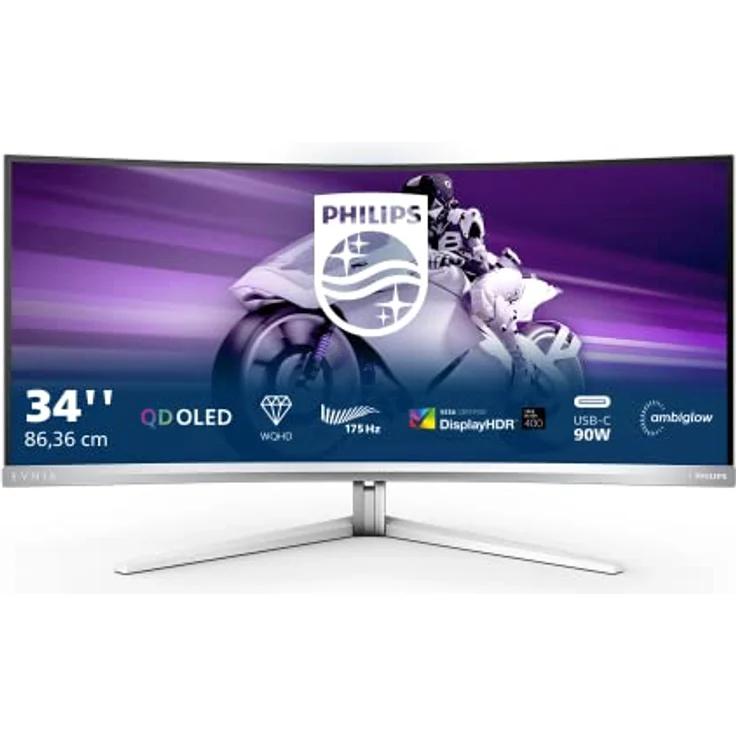Philips Evnia 34M2C8600-34 Zoll WQHD Curved Gaming Monitor, 175 Hz, Ambiglow, HDR400, FreeSync Premium Pro, G-Sync Comp. (3440x1440, 0,1 ms GtG, HDMI, DisplayPort, USB-C, USB Hub) grau/Weiss – Bild 1