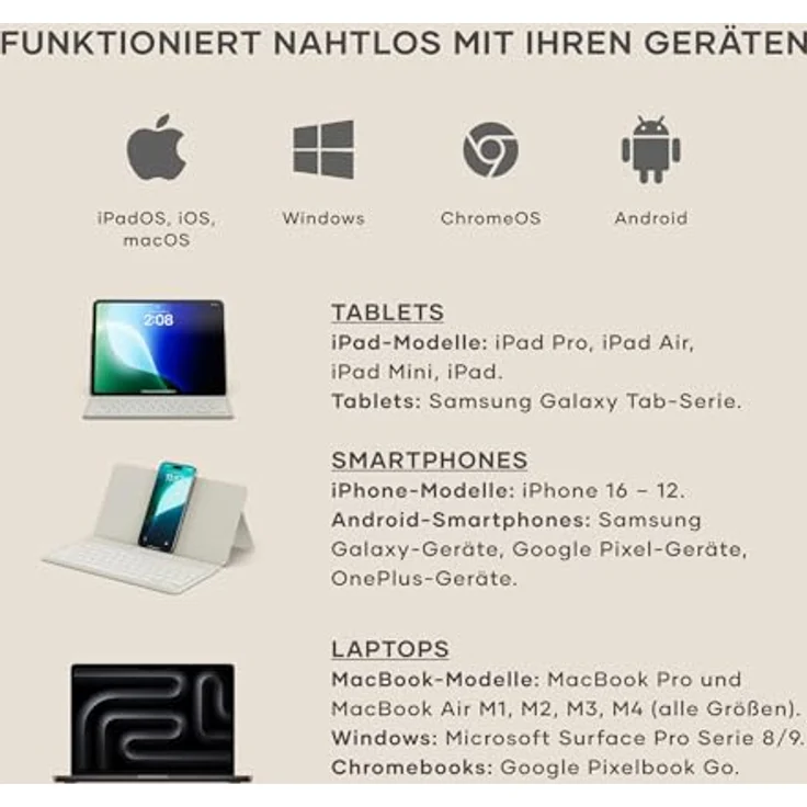 Satechi OntheGo, kabellose Tablet-Tastatur mit verstellbarem Ständer, beige-braun, unterstützt bis zu 3 Geräte, USB-C – Bild 9