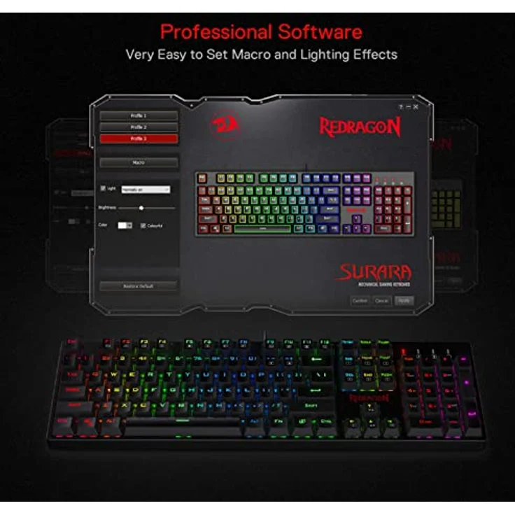 Redragon K582 US SURARA, Mechanische Gaming Tastatur mit RGB-Beleuchtung, 104 Tasten, lineare rote Schalter, 100 % Anti-Ghosting, programmierbare Tasten, 6 Beleuchtungsthemen – Bild 4