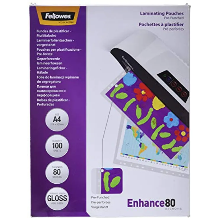 Fellowes Enhance80 Laminierfolien glänzend, A4 80 micron mit Universal-Lochung, 100 St.