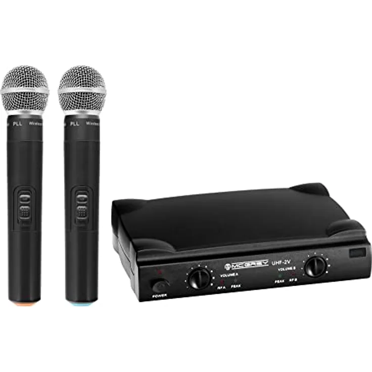 McGrey UHF-2V Dual Funk Mikrofon Set mit 50m Reichweite (Wireless Komplettset mit 2 x Handmikrofon, Betriebsdauer ca. 8 Stunden, 6,3mm Klinke Ausgang) schwarz