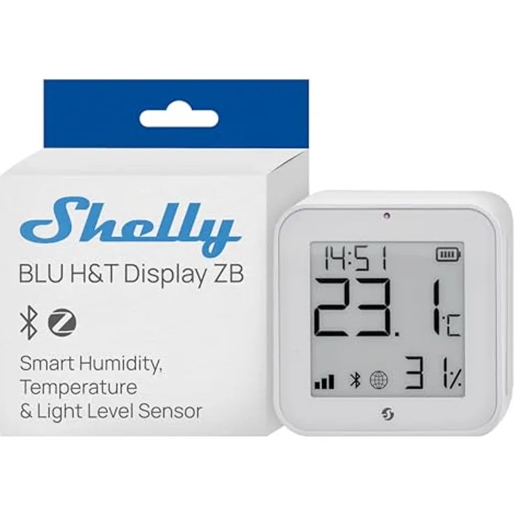 SHELLY BLU H&T Display ZB, Temperatur-/Luftfeuchtigkeitssensor mit E-Paper-Display, weiß, Zigbee 3.0 und Bluetooth 5.0