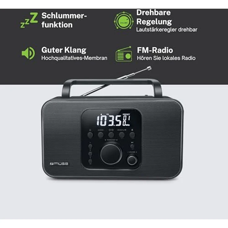 Muse M-091 R Tragbares Radio (UKW-MW) mit Senderspeicher, Uhr- und Weckfunktion, Netz- und Batteriebetrieb, AUX-Eingang, Kopfhörer-Anschluss, schwarz – Bild 3