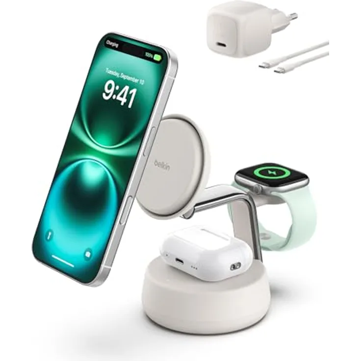 Belkin UltraCharge Pro Qi2 Induktive Ladestation, 25W, 3-in-1 Ladegerät mit MagSafe-Kompatibilität, Wireless Charger für iPhone 16, Apple Watch und AirPods, mit ChillBoost Kühltechnik und 45-W-Adapter – Sandfarben