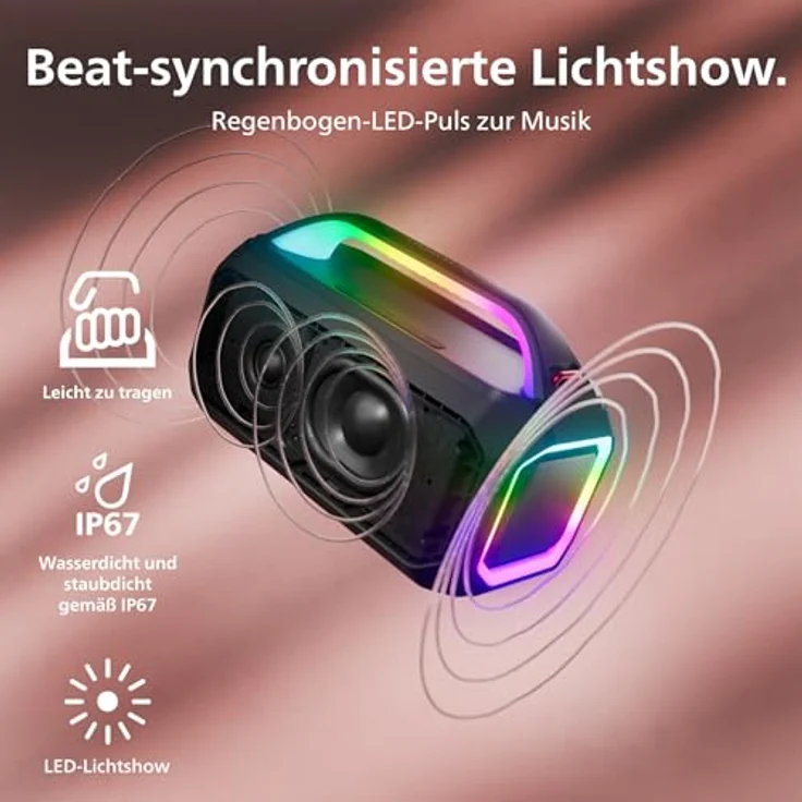 Philips TAS7000EB, Kabelloser Bluetooth-Lautsprecher mit 100 W, Bass+, LED-Lichtshow, IP67, 24 Std. Wiedergabe, Powerbank, Mikrofoneingang – Schwarz – Bild 5