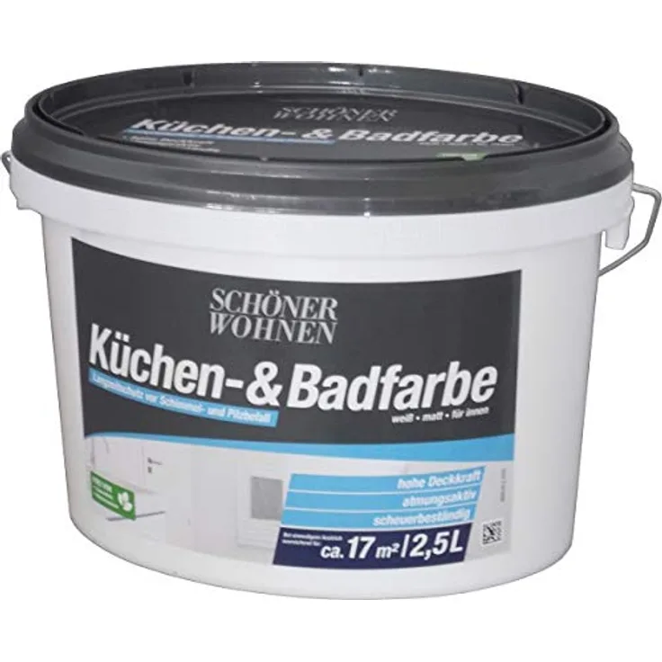 Schöner Wohnen Küchen- und Badfarbe weiß matt 2,5 l - Wasserdampfdurchlässig, scheuerbeständig, mit Langzeitschutz vor Schimmel - Schöner Wohnen