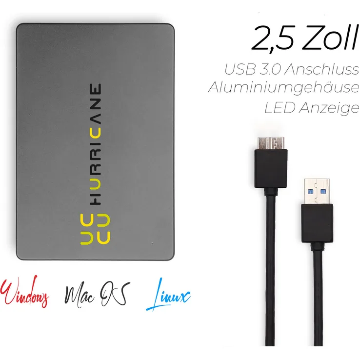 Hurricane MD25U3, 750GB externe tragbare Festplatte, 2.5 Zoll, USB 3.0, grau, kompatibel mit Windows, Mac OS und Linux