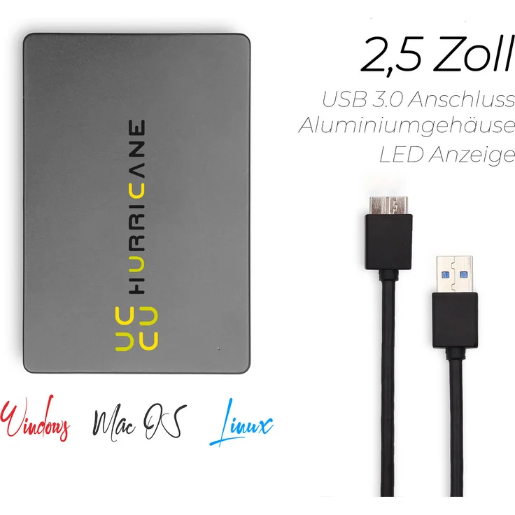 Hurricane MD25U3, 750GB externe tragbare Festplatte, 2.5 Zoll, USB 3.0, grau, kompatibel mit Windows, Mac OS und Linux
