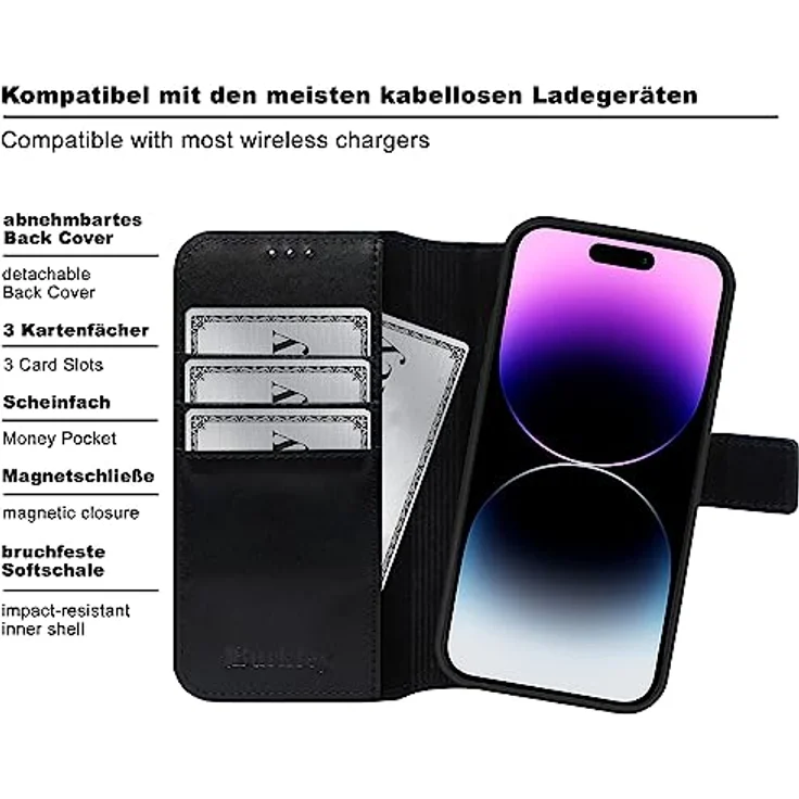 Burkley für iPhone 14 Pro - Magic Wallet - Leder Wallet Case mit abnehmbarer Schutzhülle in Schwarz – Bild 3