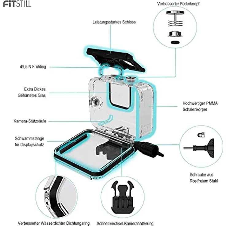 FiTSTILL 60M/196FT Wasserdichtes Gehäuse für Go Pro Hero 8 Black, Schützende Unterwasser-Tauchgehäuseschale mit Halterungszubehör und Anti-Beschlag-Klappen – Bild 5