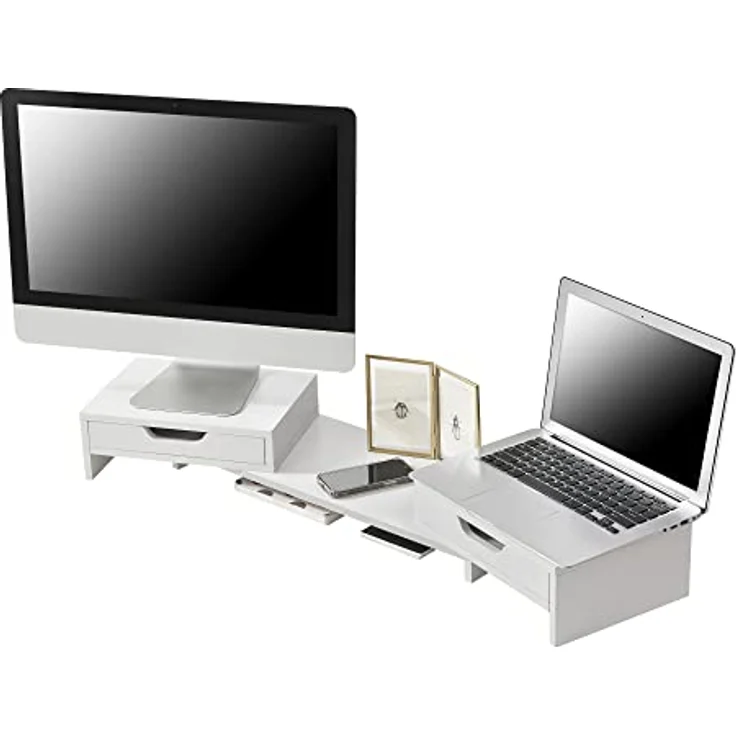 en.casa Marttila Monitorständer, Monitorerhöhung mit 2 Schubladen, 60x22x11cm, Weiß, ergonomische Bildschirmpositionierung, Platzsparend – Bild 2