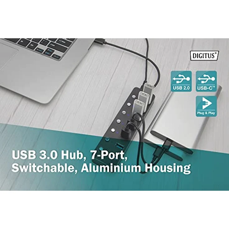 DIGITUS 7 Port USB 3.0 Hub - bis zu 5 Gbps - Ports einzeln schaltbar - inkl. USB-A auf USB-C-Adapter - Plug & Play - Aluminium Gehäuse - mit Netzteil - dunkelgrau – Bild 4