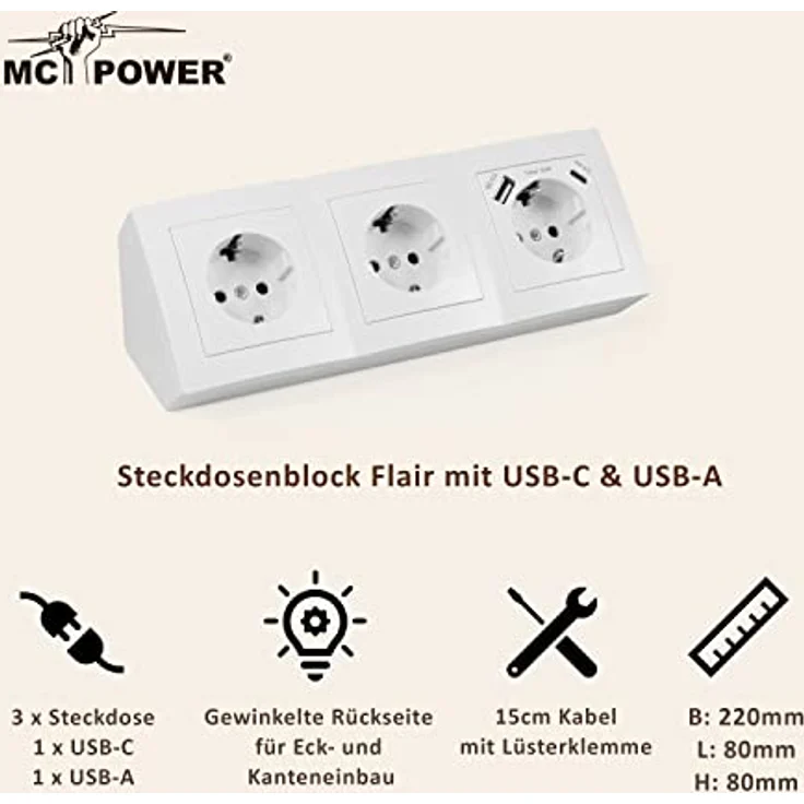 McPower MC POWER - Steckdosenblock Unterbausteckdosen, Flair, 3-Fach Steckdo Mehrfachsteckdose, weiß, USB-C und USB-A Ports, 18W PowerDelivery - Preisvergleich – Bild 5