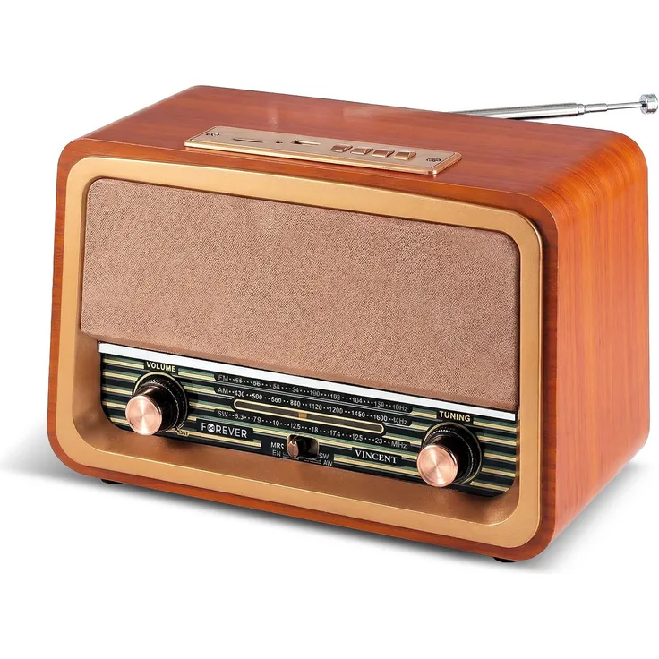 FOREVER VINCENT JB-120 Retro AM/FM Radio, Bluetooth 5.1, USB/microSD, 5 W, 1200-mAh-Akku, Braun