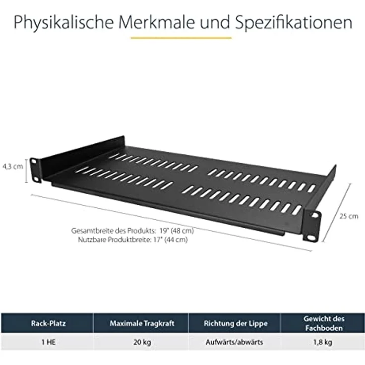StarTech.com Belüfteter Server Rack Fachboden 1 HE - 25 cm Tief - Stahl – Bild 3