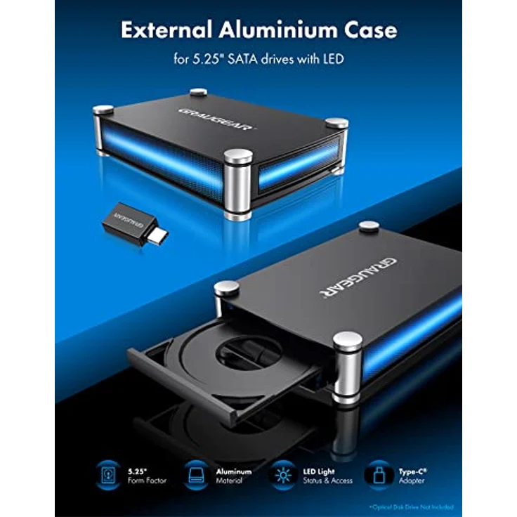 GRAUGEAR | Externes Gehäuse für 1x 5,25" SATA | Blu-Ray-CD-DVD Laufwerk | USB 3.0-eSATA-Anschluss | Inkl. USB-C Adapter | G-5251 – Bild 4