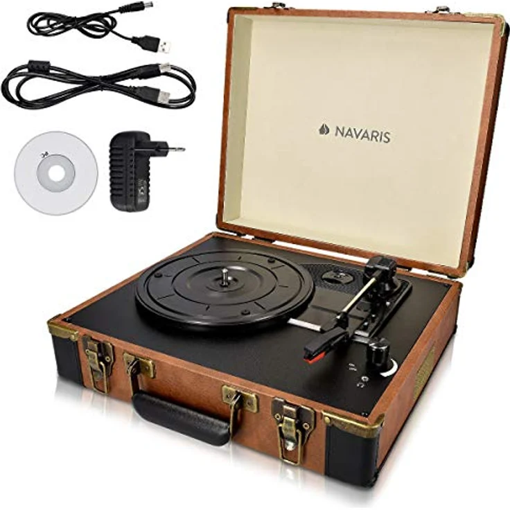 Navaris Retro Koffer Plattenspieler mit Lautsprecher - USB Port zum Digitalisieren - Vintage Design in Braun-Schwarz – Bild 1