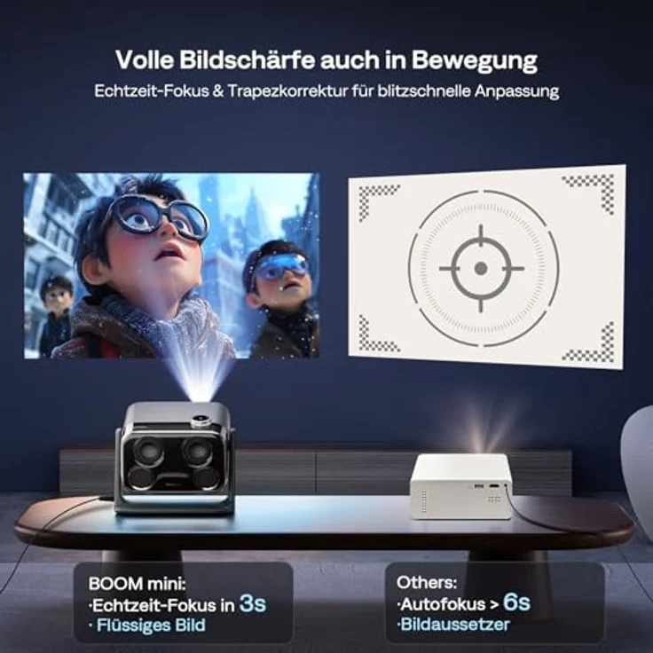 Aurzen Boom Mini 4-in-1 Smart Beamer mit Google TV, 4K Unterstützung, 500 ANSI Lumen, 20W Dolby Audio, ToF Autofokus, Trapezkorrektur, WLAN/Bluetooth, kompakt, Blau – Bild 4