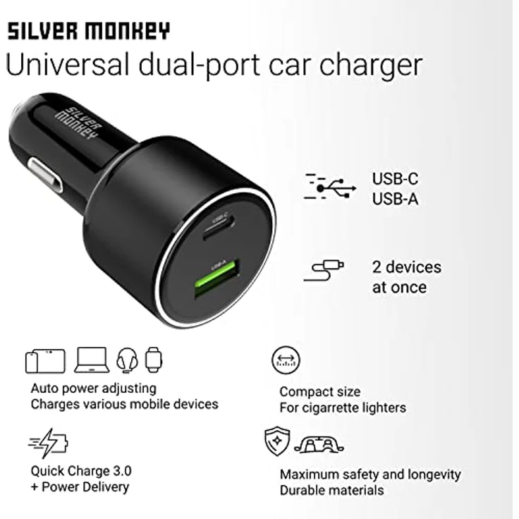 Silver Monkey SMA014, 100W Auto-Ladegerät mit 1xUSB-C PD und 1xUSB-A QC 3.0, Schwarz – Bild 2