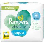 Pampers Harmonie Aqua Feuchttücher Für Babys und Kinder 192 Stück (4 x 48), 99% Reinwasser, Sanfte Reinigung aus pflanzlichen Fasern
