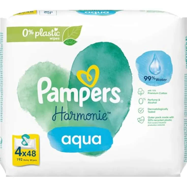Pampers Harmonie Aqua Feuchttücher Für Babys und Kinder 192 Stück (4 x 48), 99% Reinwasser, Sanfte Reinigung aus pflanzlichen Fasern
