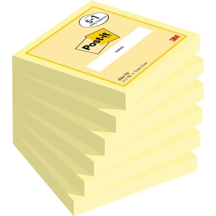Post-it Notes 654 Haftnotizen, 76 x 76 mm, selbstklebend, gelb, 5 + 1 GRATIS
